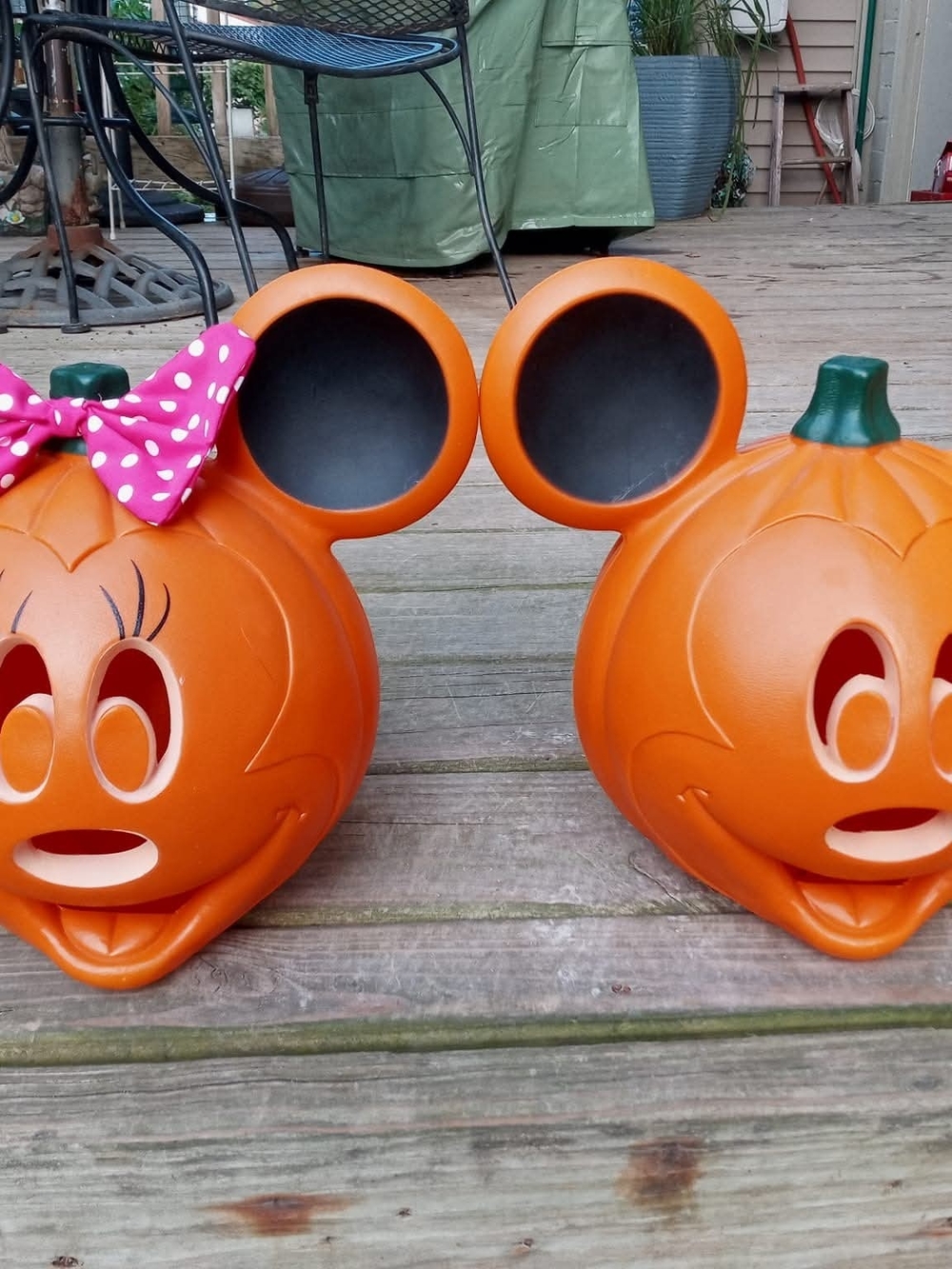 Pair of Mickey and Minnie HTF Pumpkin Blow Mold Light Up Decorations
